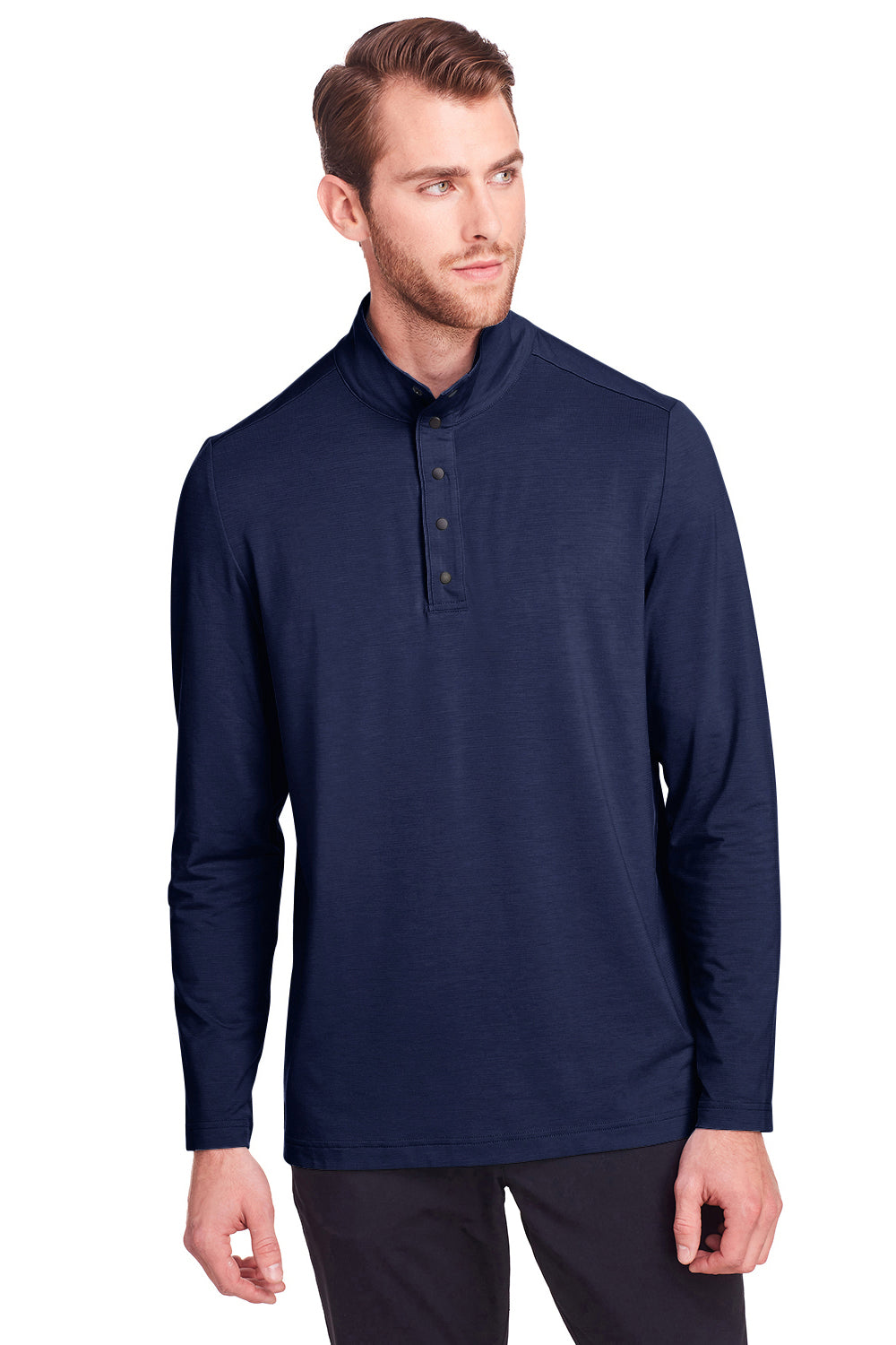 North End NE400 Mens Jaq Performance Moisture Wicking Long Sleeve Polo Shirt Classic Navy Blue Model Front