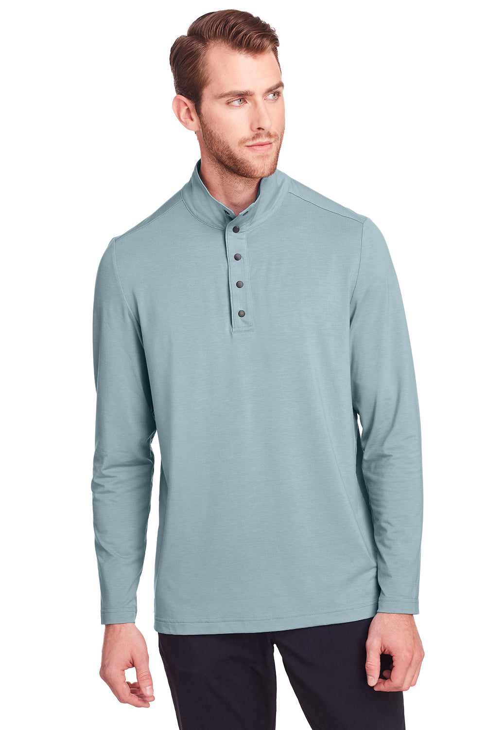 North End NE400 Mens Jaq Performance Moisture Wicking Long Sleeve Polo Shirt Opal Blue Model Front