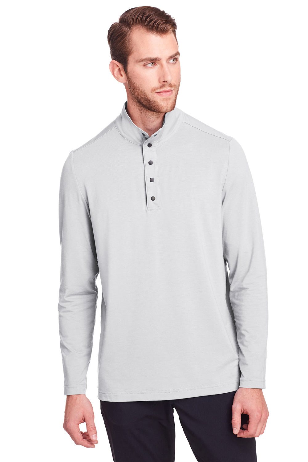 North End NE400 Mens Jaq Performance Moisture Wicking Long Sleeve Polo Shirt Platinum Grey Model Front