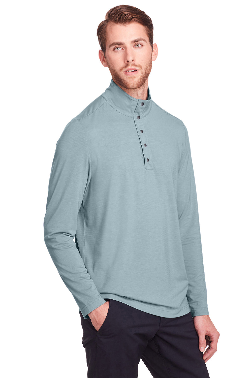 North End NE400 Mens Jaq Performance Moisture Wicking Long Sleeve Polo Shirt Opal Blue Model 3q
