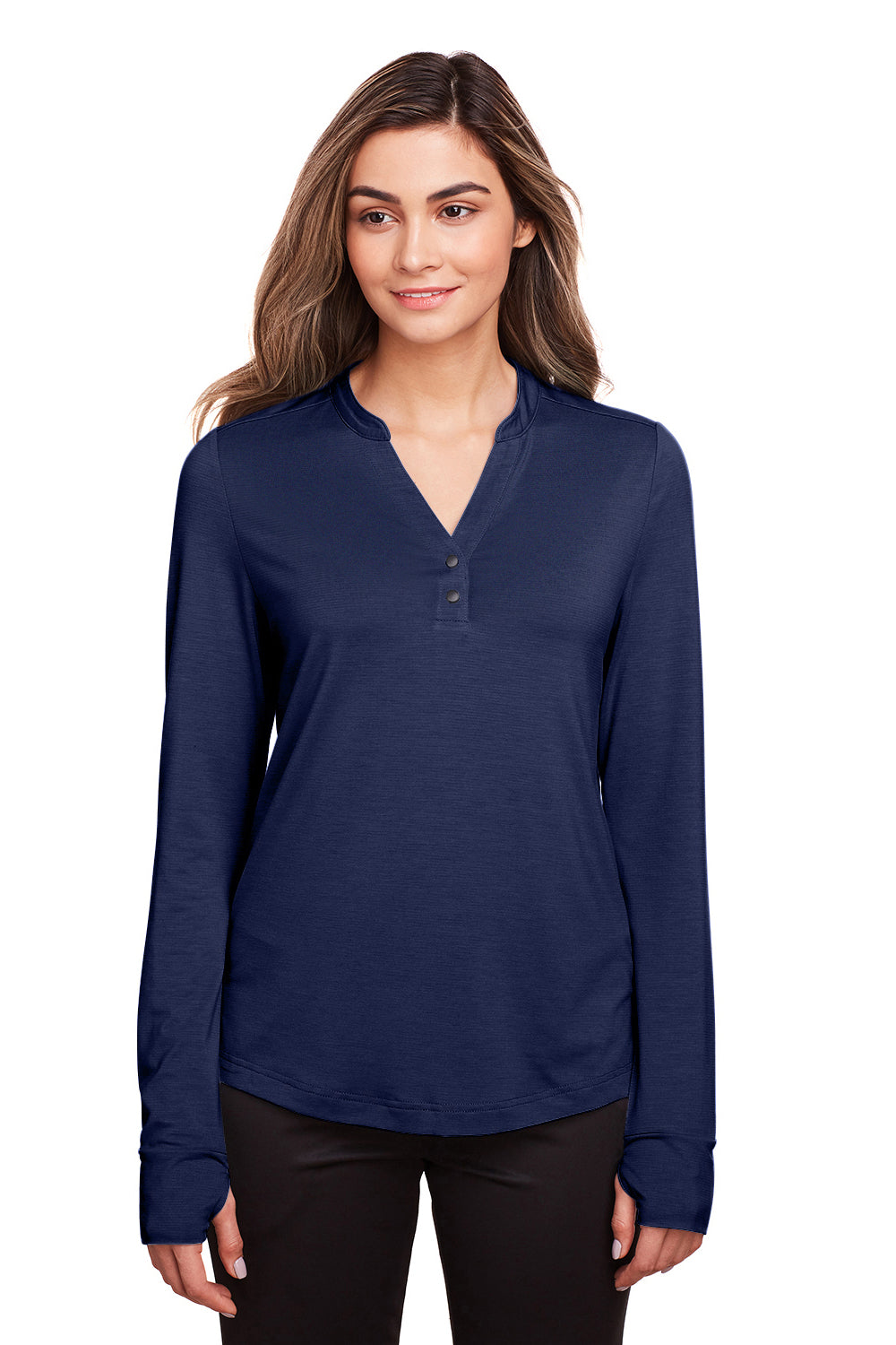 North End NE400W Womens Jaq Performance Moisture Wicking Long Sleeve Polo Shirt Classic Navy Blue Model Front