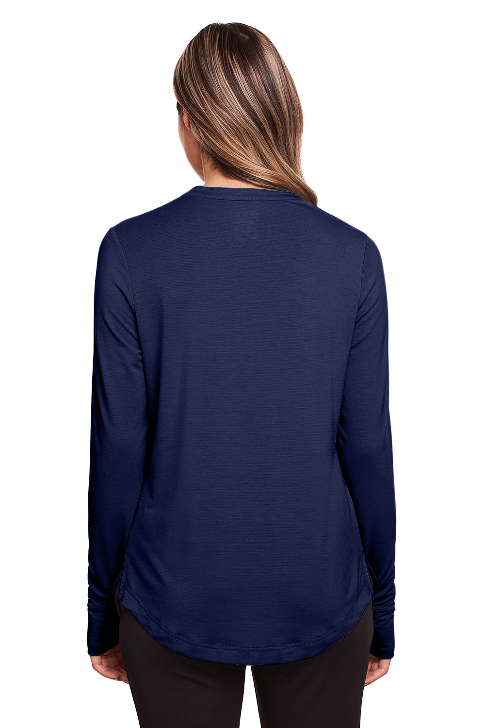 North End NE400W Womens Jaq Performance Moisture Wicking Long Sleeve Polo Shirt Classic Navy Blue Model Back