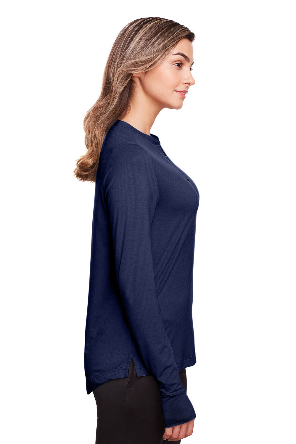 North End NE400W Womens Jaq Performance Moisture Wicking Long Sleeve Polo Shirt Classic Navy Blue Model Side
