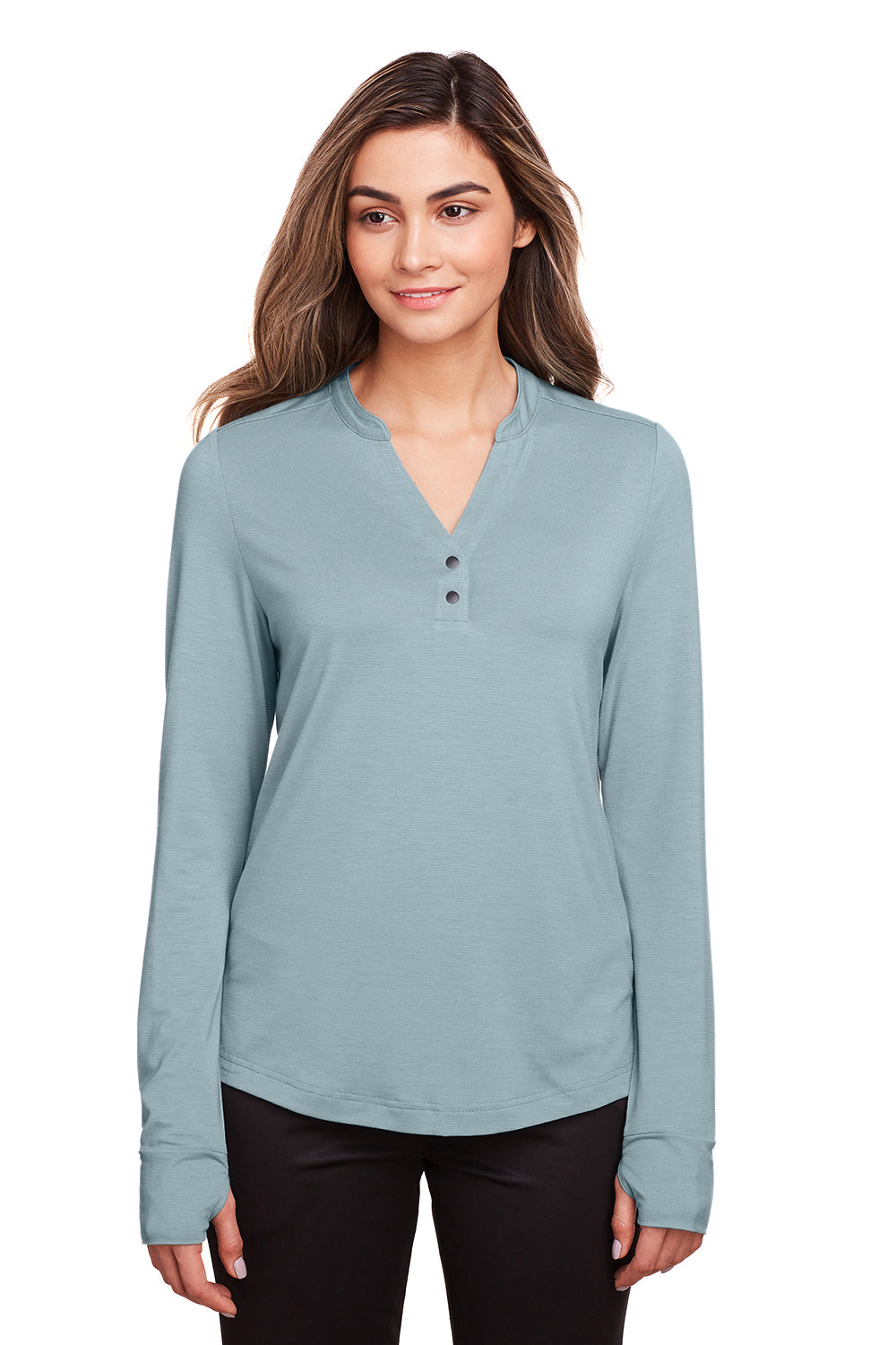 North End NE400W Womens Jaq Performance Moisture Wicking Long Sleeve Polo Shirt Opal Blue Model Front