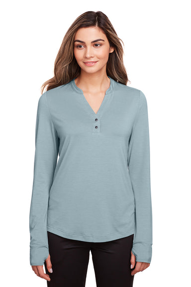 North End NE400W Womens Jaq Performance Moisture Wicking Long Sleeve Polo Shirt Opal Blue Model Front