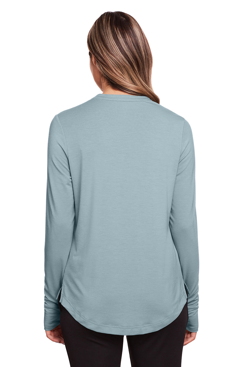North End NE400W Womens Jaq Performance Moisture Wicking Long Sleeve Polo Shirt Opal Blue Model Back