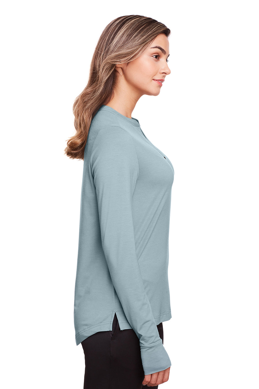 North End NE400W Womens Jaq Performance Moisture Wicking Long Sleeve Polo Shirt Opal Blue Model Side