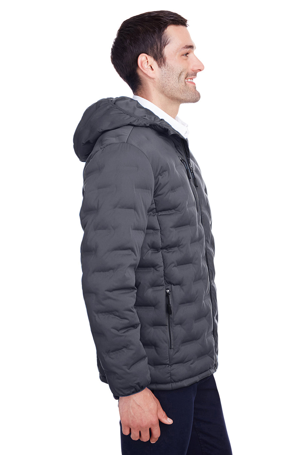 North End NE708 Mens Loft Waterproof Full Zip Hooded Puffer Jacket Carbon Grey/Black Model Side
