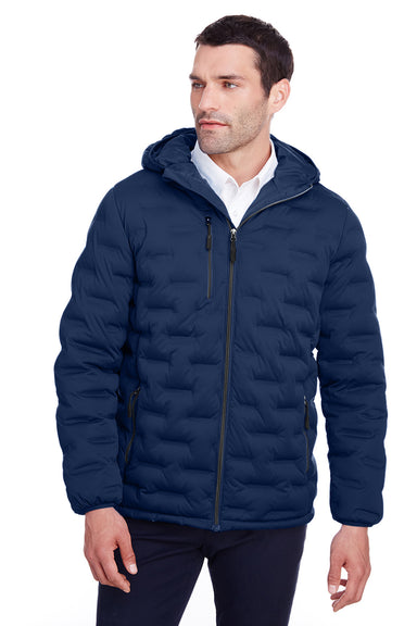 North End NE708 Mens Loft Waterproof Full Zip Hooded Puffer Jacket Classic Navy Blue/Carbon Grey Model Front