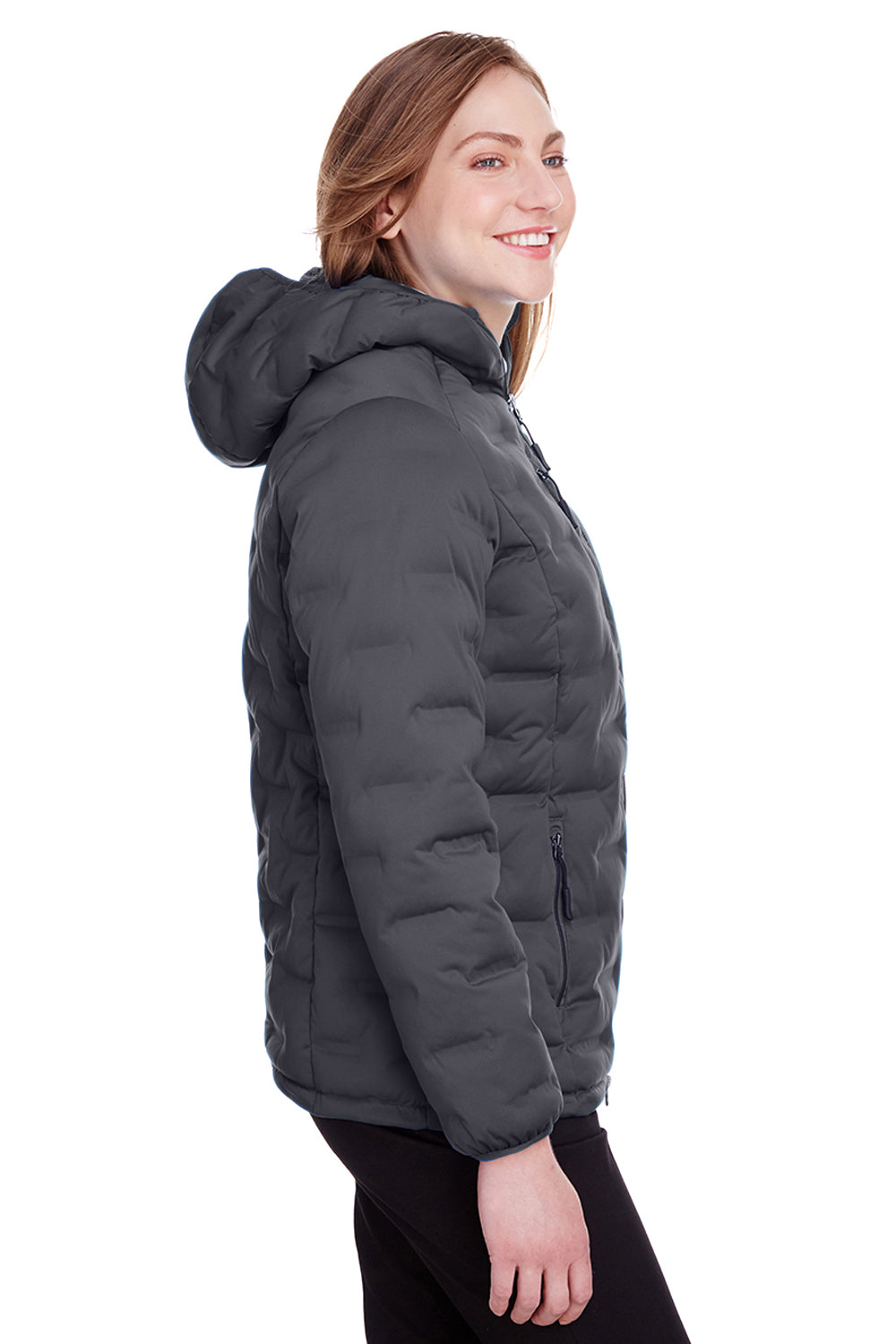 North End NE708W Womens Loft Waterproof Full Zip Hooded Puffer Jacket Carbon Grey/Black Model Side
