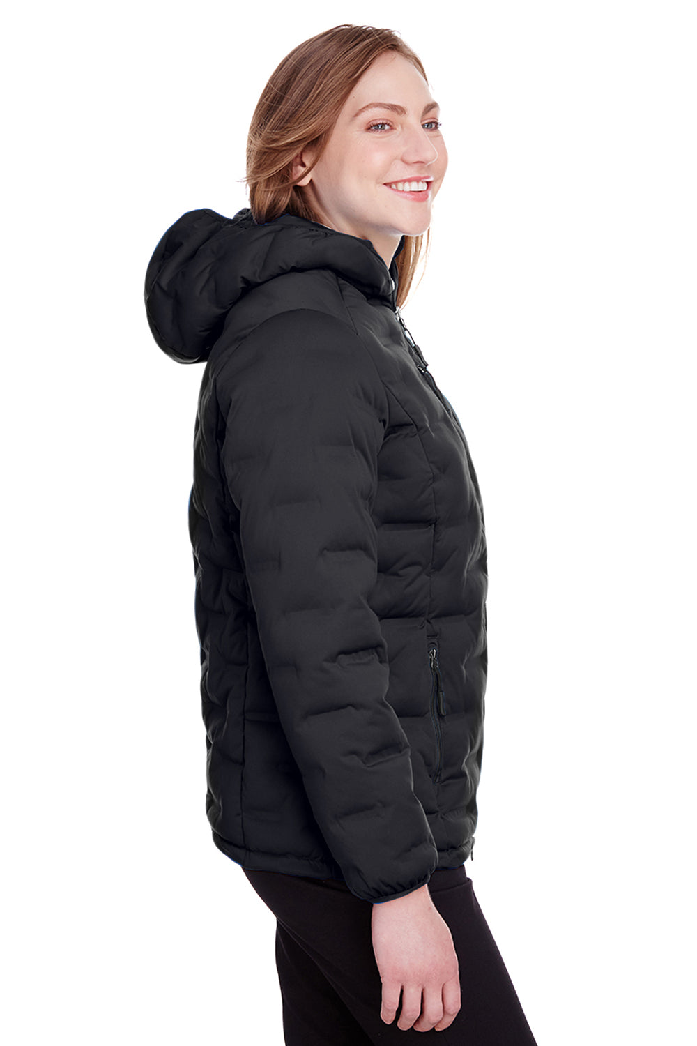 North End NE708W Womens Loft Waterproof Full Zip Hooded Puffer Jacket Black/Carbon Grey Model Side