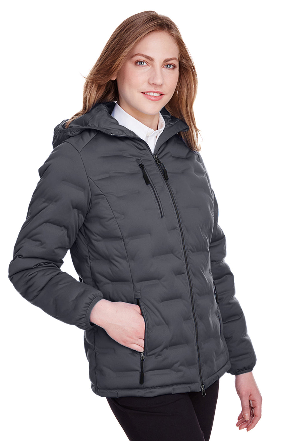 North End NE708W Womens Loft Waterproof Full Zip Hooded Puffer Jacket Carbon Grey/Black Model 3q