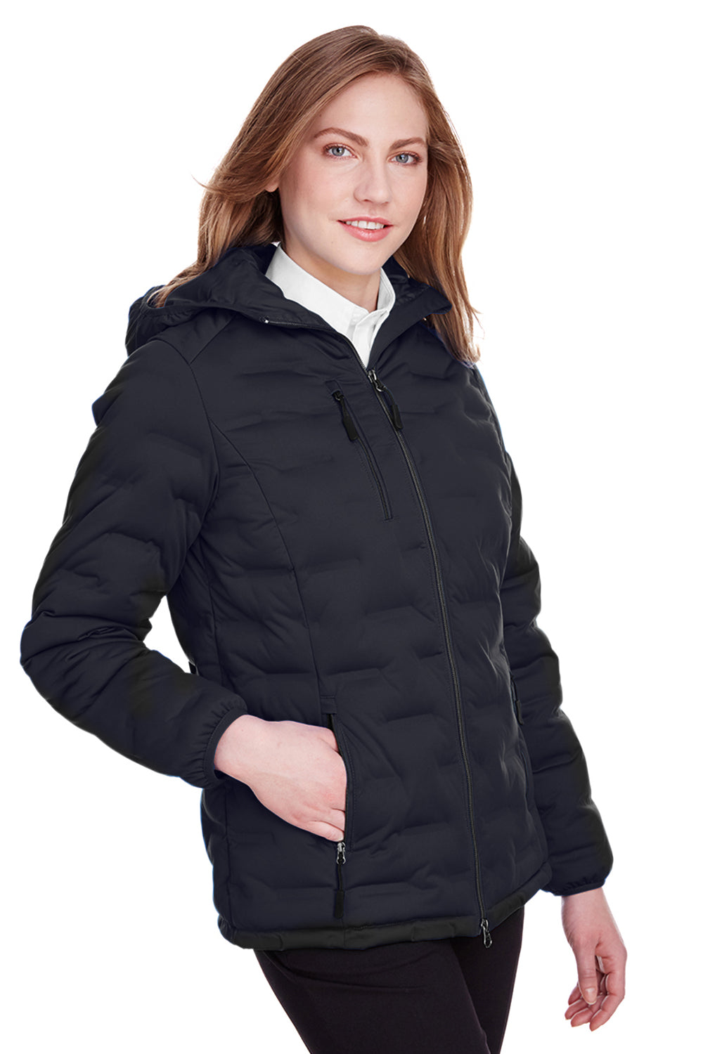 North End NE708W Womens Loft Waterproof Full Zip Hooded Puffer Jacket Black/Carbon Grey Model 3q