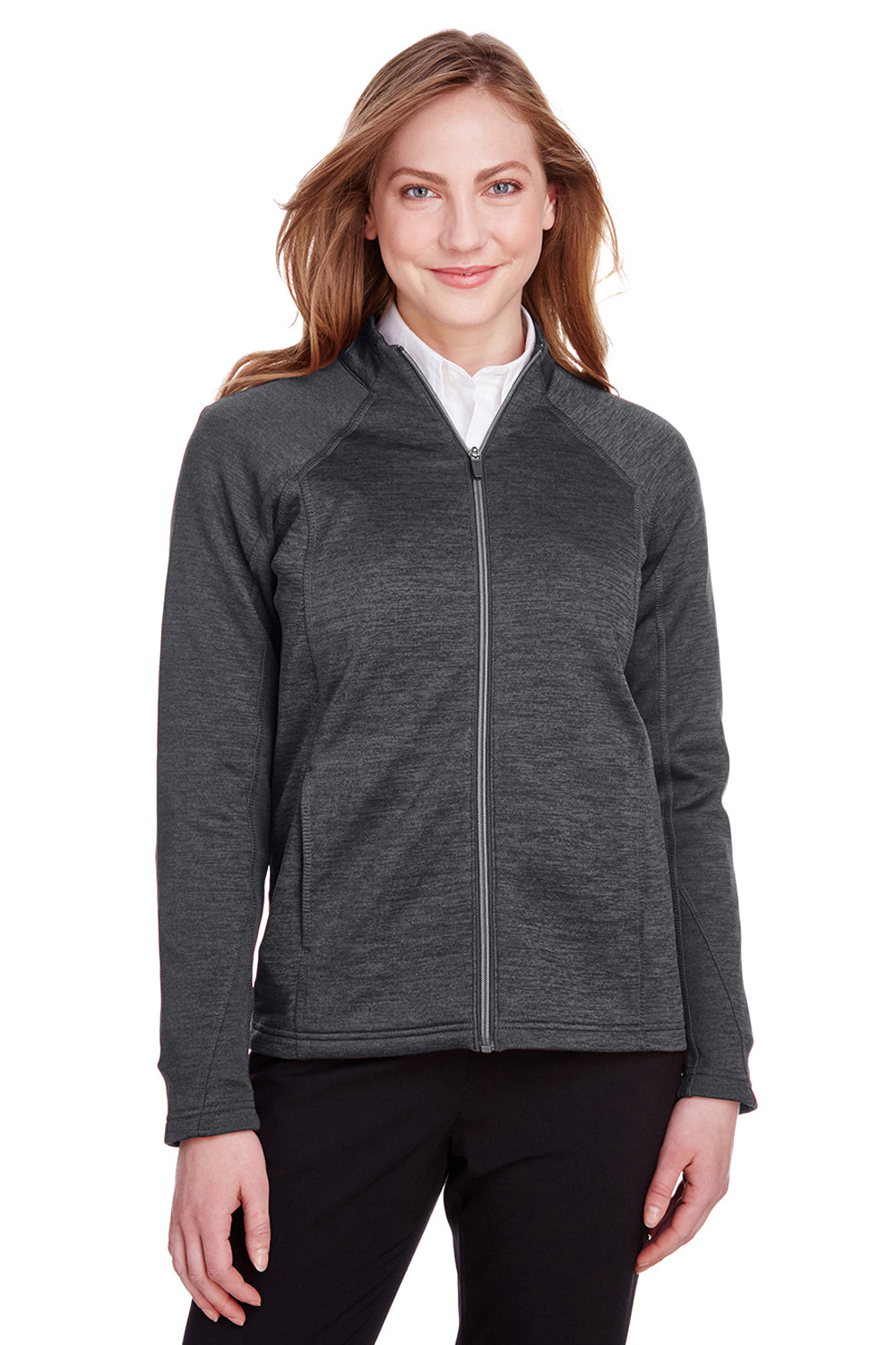 North End NE712W Womens Flux 2.0 Fleece Water Resistant Full Zip Jacket Heather Black/Carbon Grey Model Front