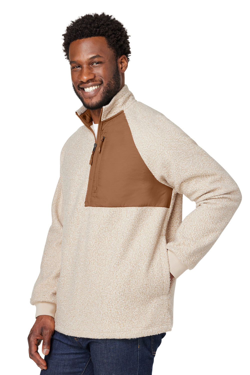 North End NE713 Mens Aura Sweater Fleece 1/4 Zip Sweatshirt w/ Pockets Heather Oatmeal/Teak Model 3q