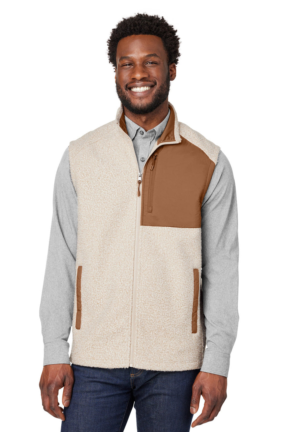 North End NE714 Mens Aura Sweater Fleece Full Zip Vest Heather Oatmeal/Teak Model Front