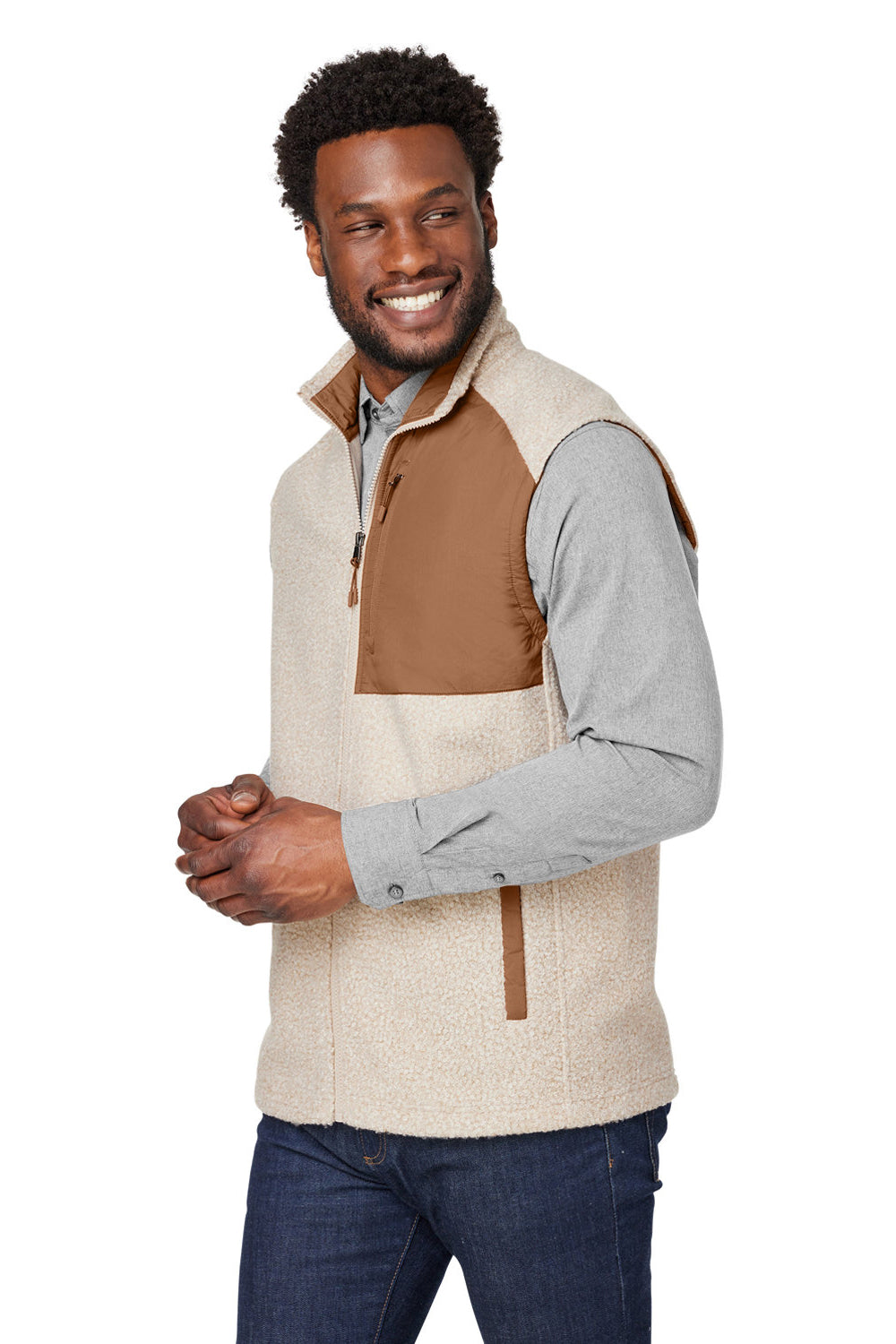 North End NE714 Mens Aura Sweater Fleece Full Zip Vest Heather Oatmeal/Teak Model 3q