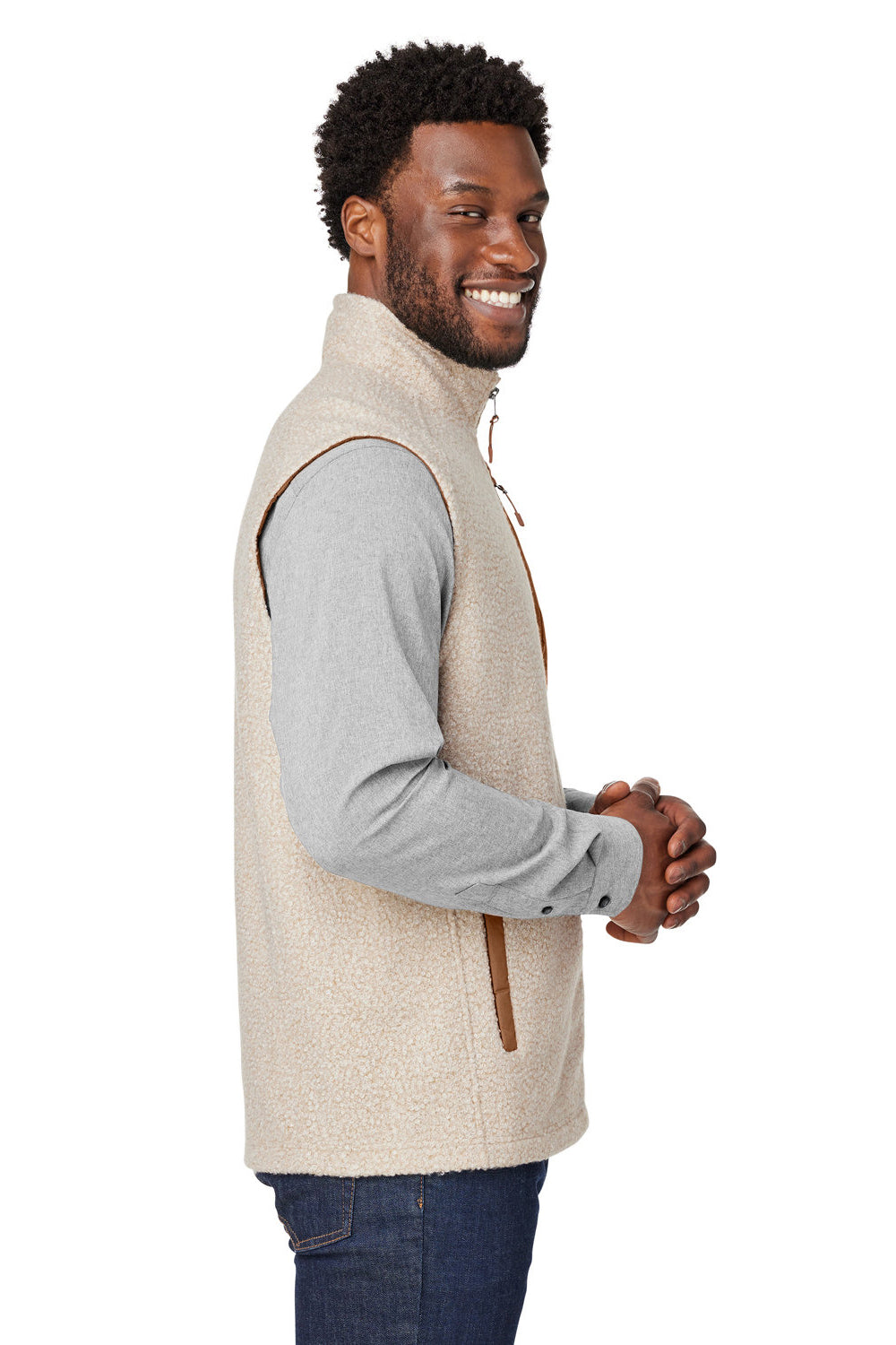 North End NE714 Mens Aura Sweater Fleece Full Zip Vest Heather Oatmeal/Teak Model Side