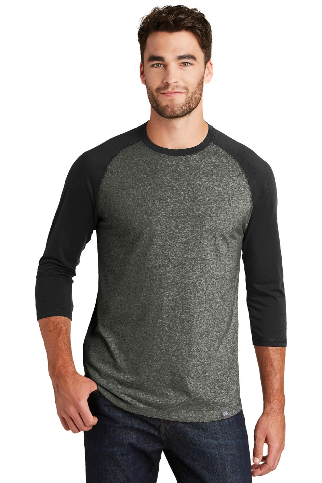 New Era NEA104 Mens Heritage 3/4 Sleeve Crewneck T-Shirt Black Twist/Black Model Front