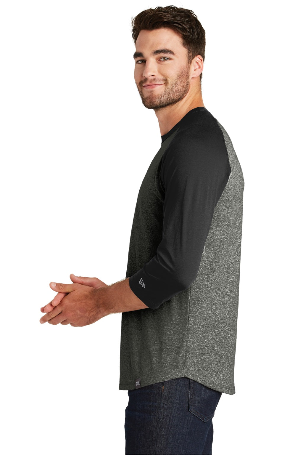 New Era NEA104 Mens Heritage 3/4 Sleeve Crewneck T-Shirt Black Twist/Black Model Side