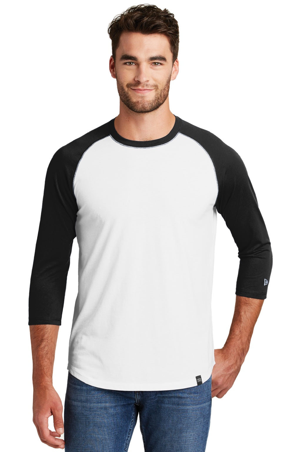 New Era NEA104 Mens Heritage 3/4 Sleeve Crewneck T-Shirt White/Black Model Front