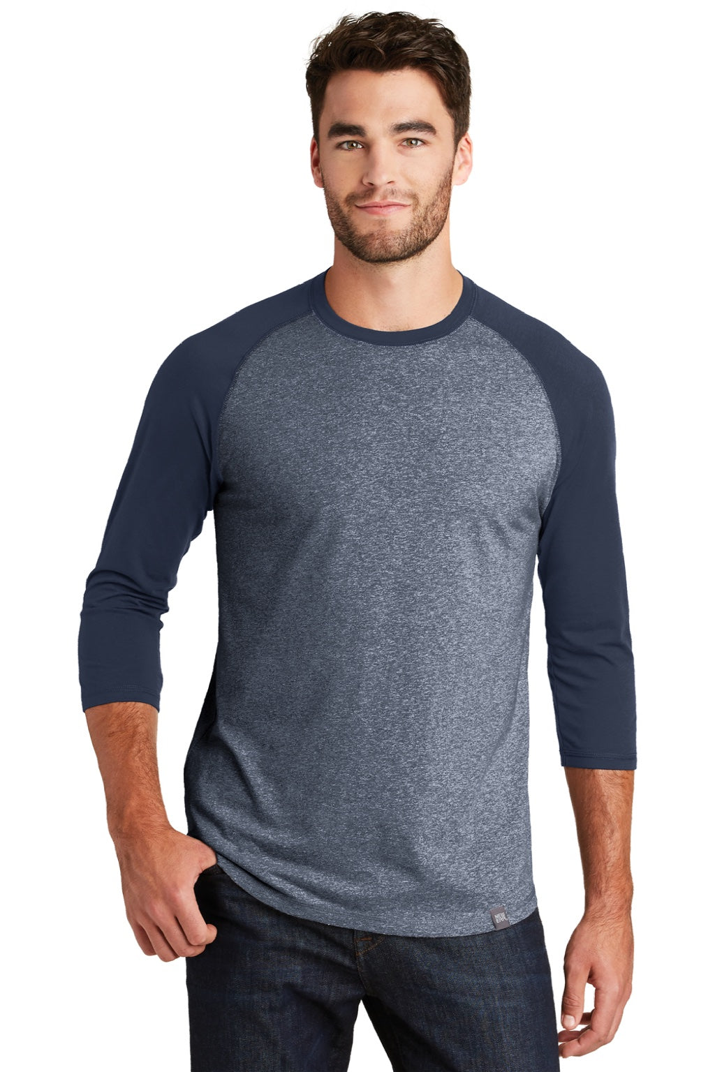 New Era NEA104 Mens Heritage 3/4 Sleeve Crewneck T-Shirt Navy Blue/Navy Blue Twist Model Front