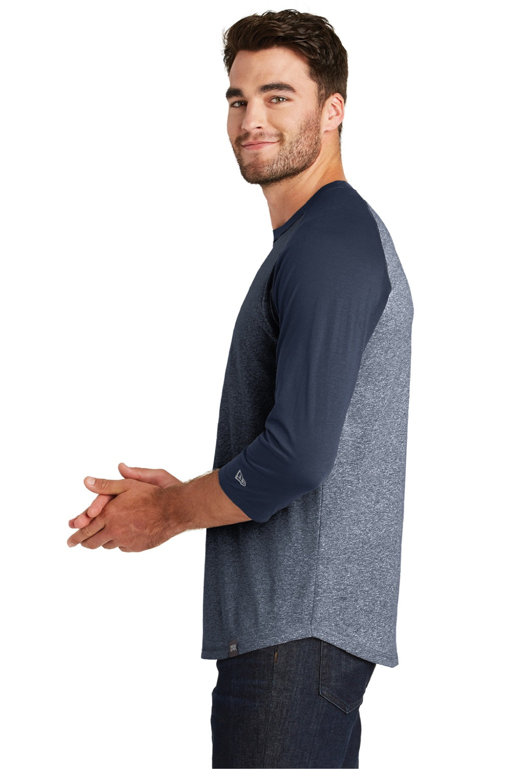 New Era NEA104 Mens Heritage 3/4 Sleeve Crewneck T-Shirt Navy Blue/Navy Blue Twist Model Side