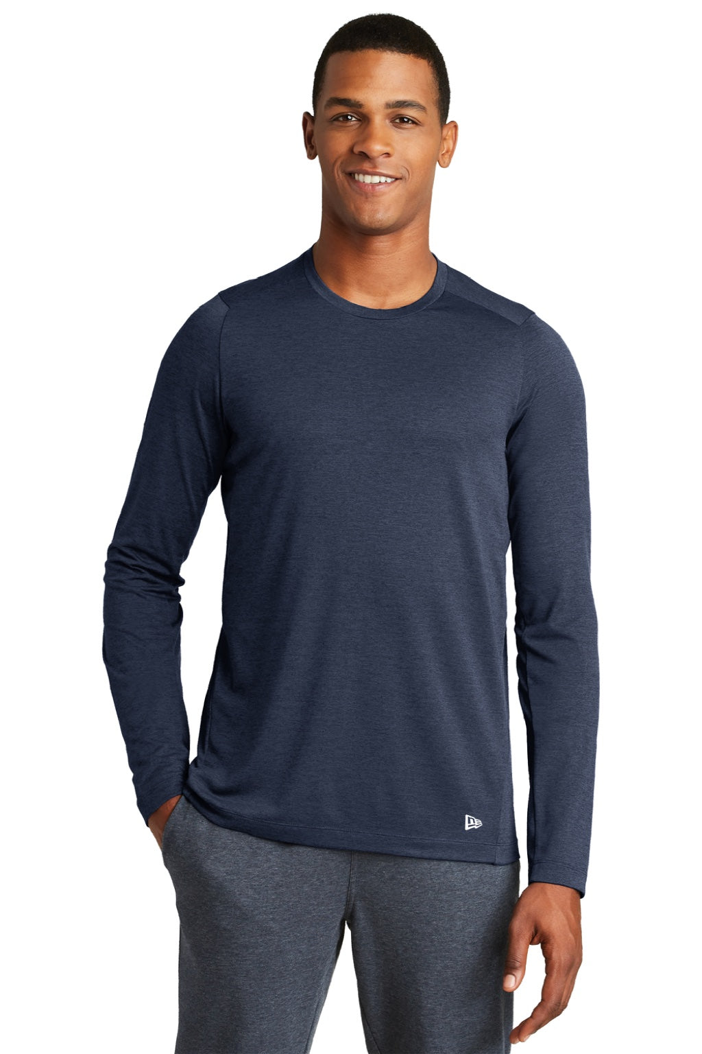 New Era NEA201 Mens Series Performance Moisture Wicking Long Sleeve Crewneck T-Shirt Navy Blue Model Front