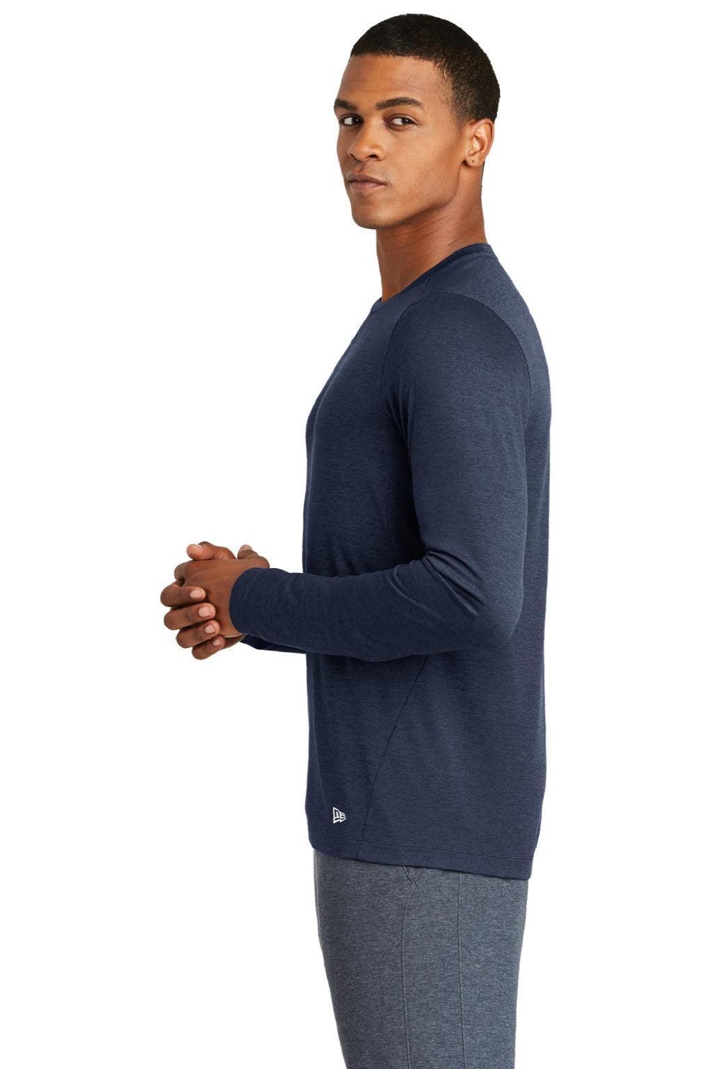 New Era NEA201 Mens Series Performance Moisture Wicking Long Sleeve Crewneck T-Shirt Navy Blue Model Side