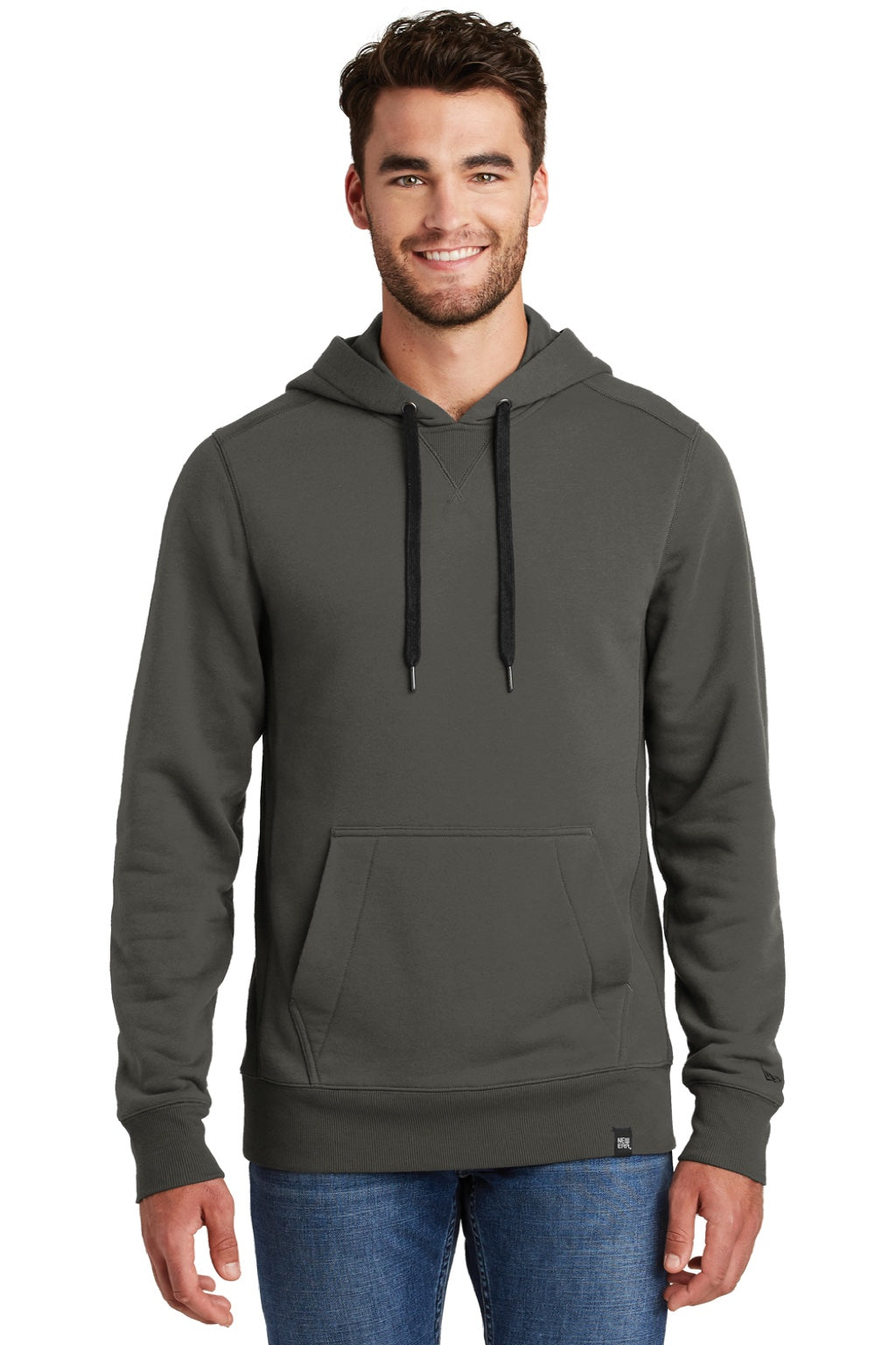 New Era NEA500 Mens Sueded French Terry Hooded Sweatshirt Hoodie w/ Pouch Pocket Graphite Grey Model Front