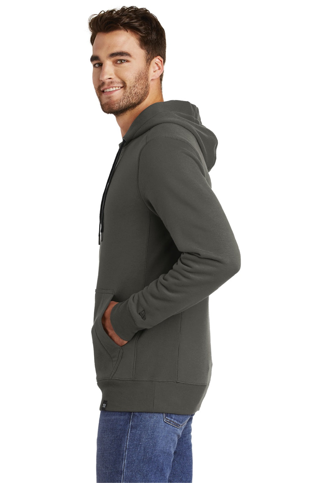 New Era NEA500 Mens Sueded French Terry Hooded Sweatshirt Hoodie w/ Pouch Pocket Graphite Grey Model Side