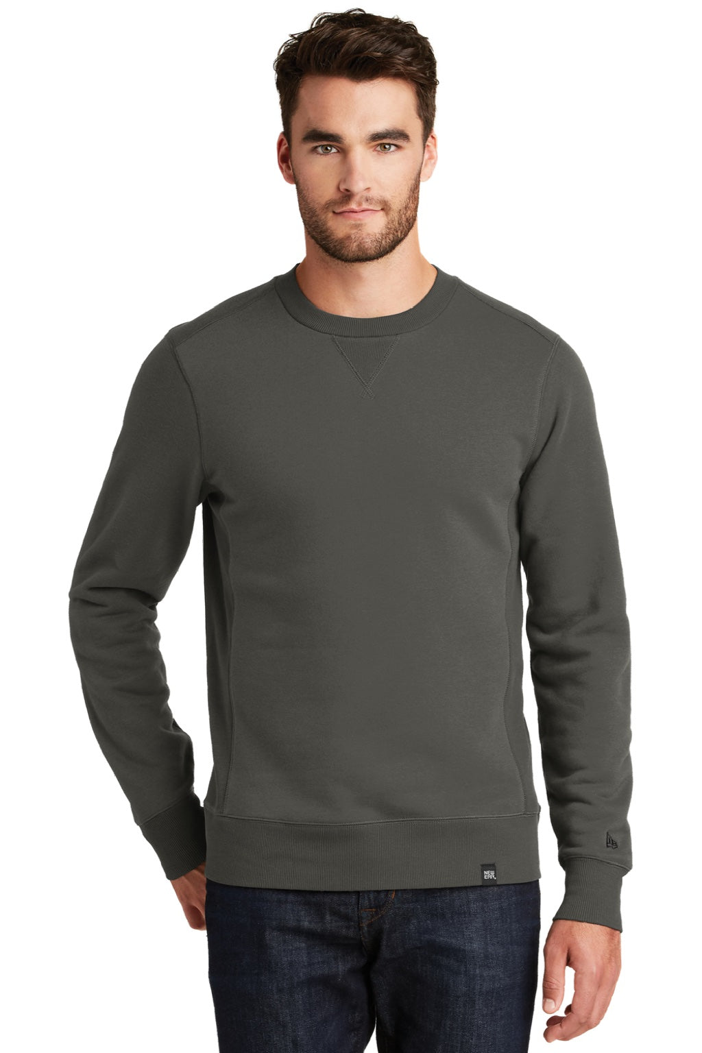 New Era NEA501 Mens Sueded French Terry Crewneck Sweatshirt Graphite Grey Model Front