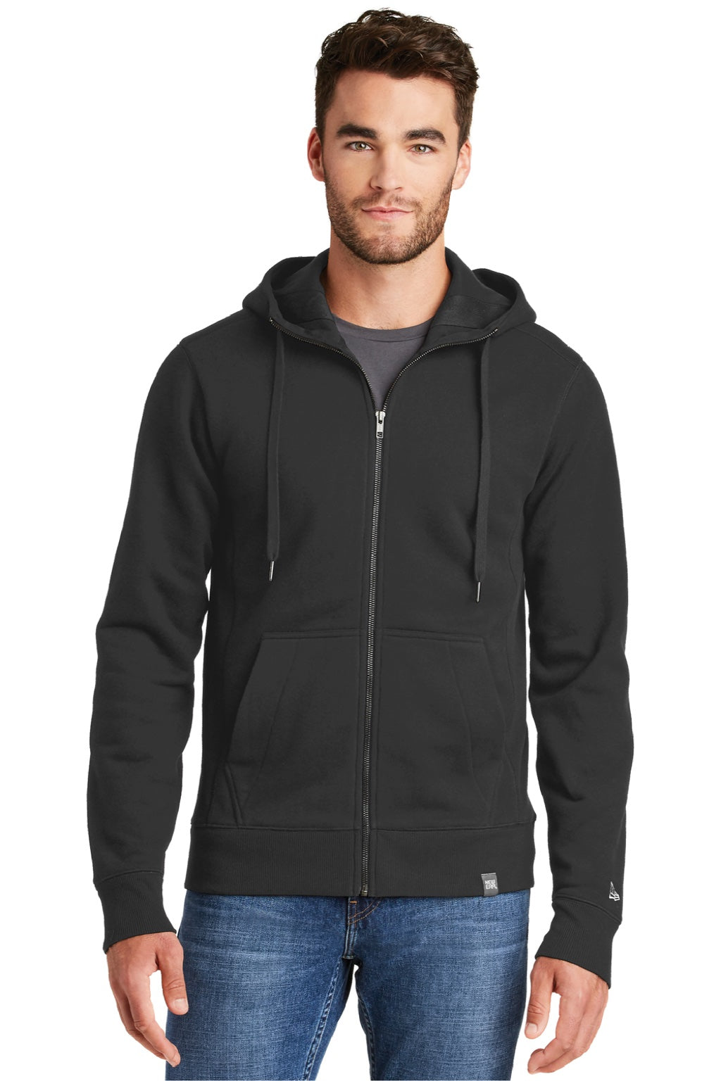 New Era NEA502 Mens Sueded French Terry Full Zip Hooded Sweatshirt Hoodie w/ Pockets Black Model Front