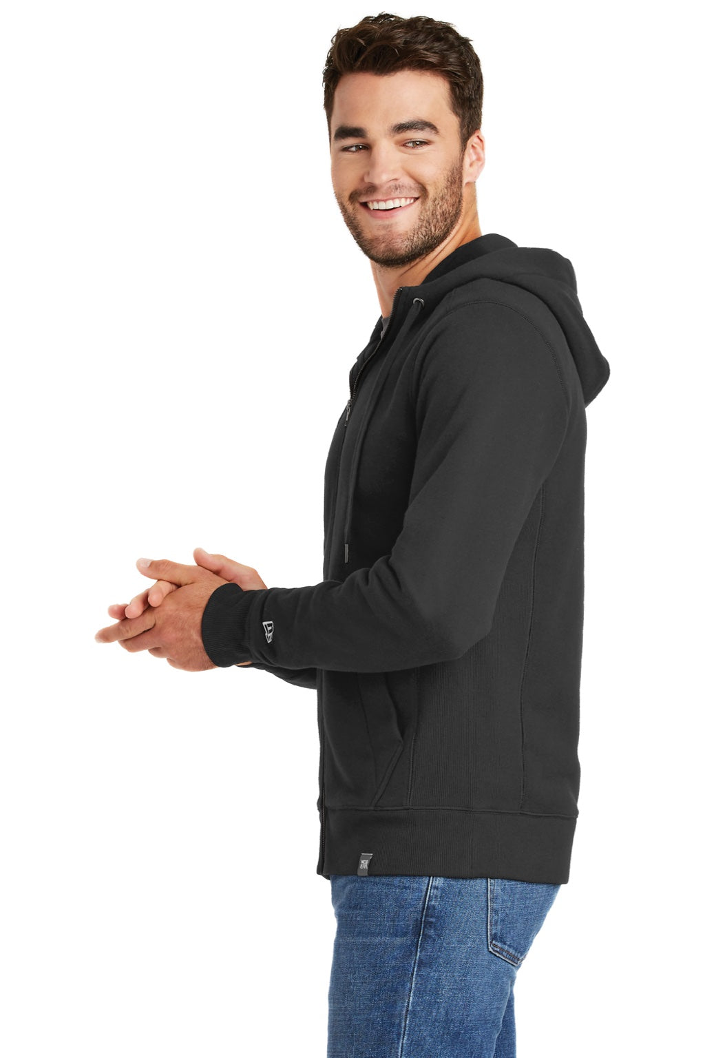 New Era NEA502 Mens Sueded French Terry Full Zip Hooded Sweatshirt Hoodie w/ Pockets Black Model Side