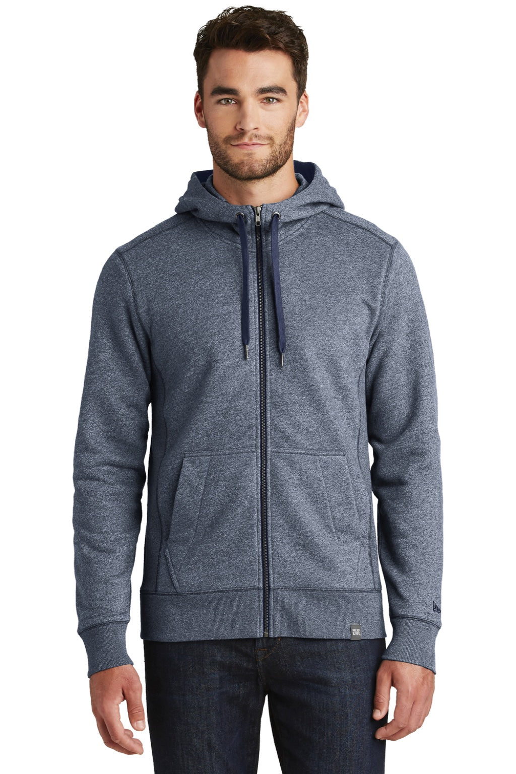 New Era NEA502 Mens Sueded French Terry Full Zip Hooded Sweatshirt Hoodie w/ Pockets Navy Blue Twist Model Front