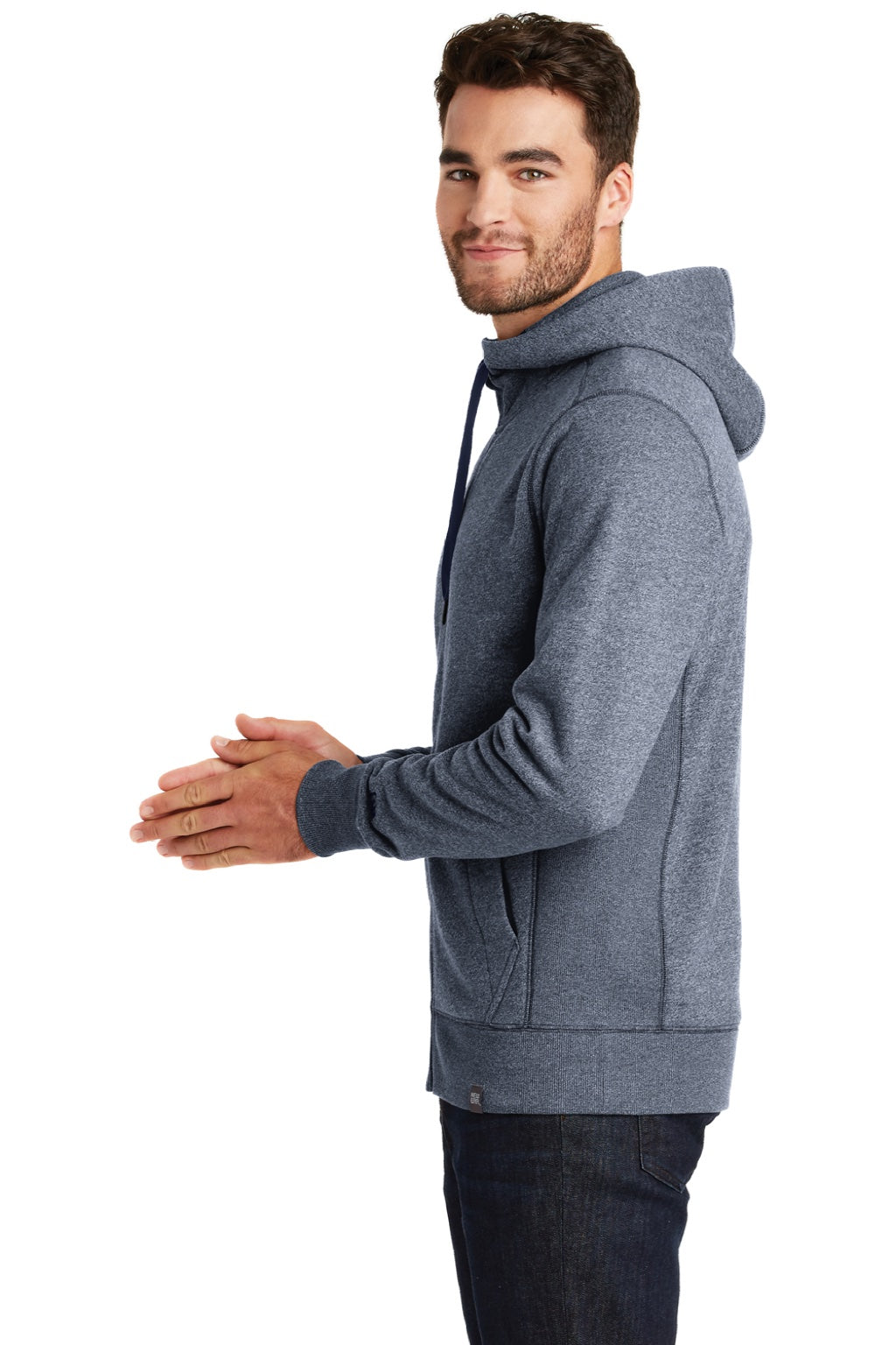 New Era NEA502 Mens Sueded French Terry Full Zip Hooded Sweatshirt Hoodie w/ Pockets Navy Blue Twist Model Side