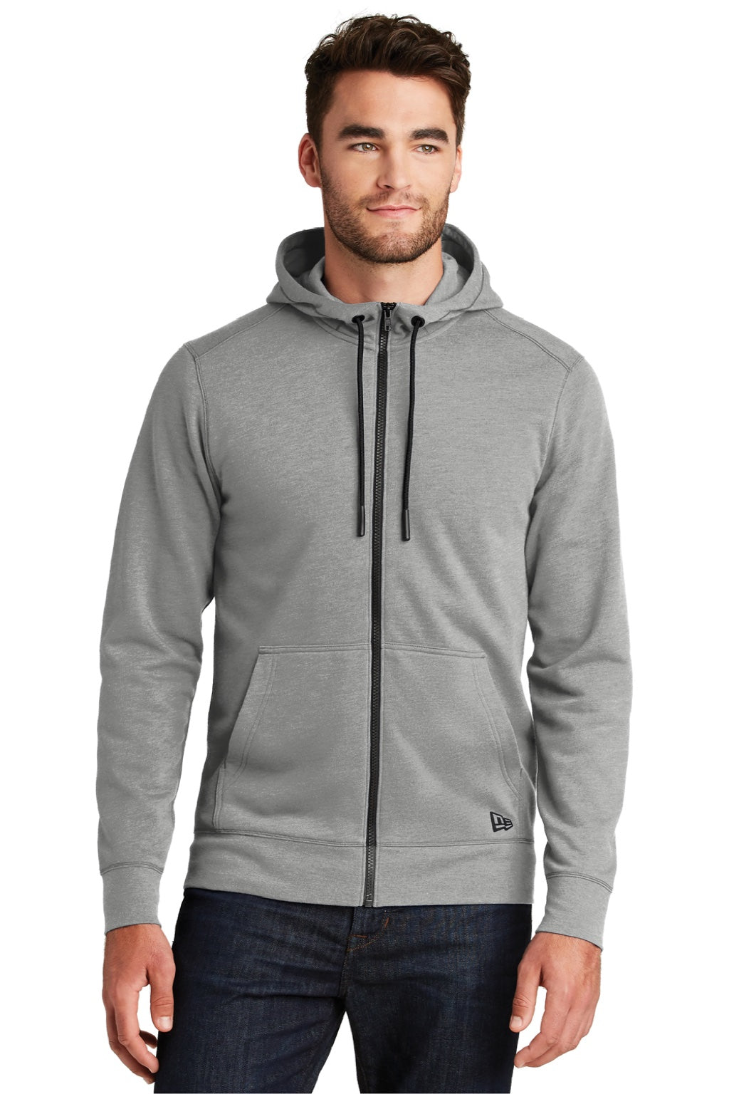 New Era NEA511 Mens Fleece Full Zip Hooded Sweatshirt Hoodie w/ Pockets Heather Shadow Grey Model Front