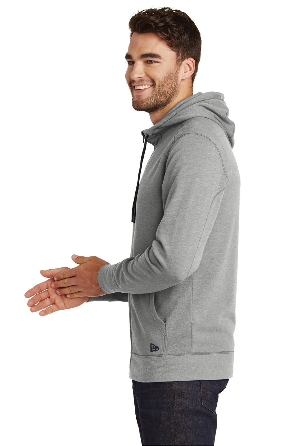 New Era NEA511 Mens Fleece Full Zip Hooded Sweatshirt Hoodie w/ Pockets Heather Shadow Grey Model Side