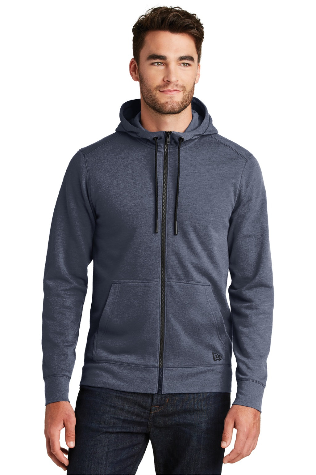 New Era NEA511 Mens Fleece Full Zip Hooded Sweatshirt Hoodie w/ Pockets Heather Navy Blue Model Front