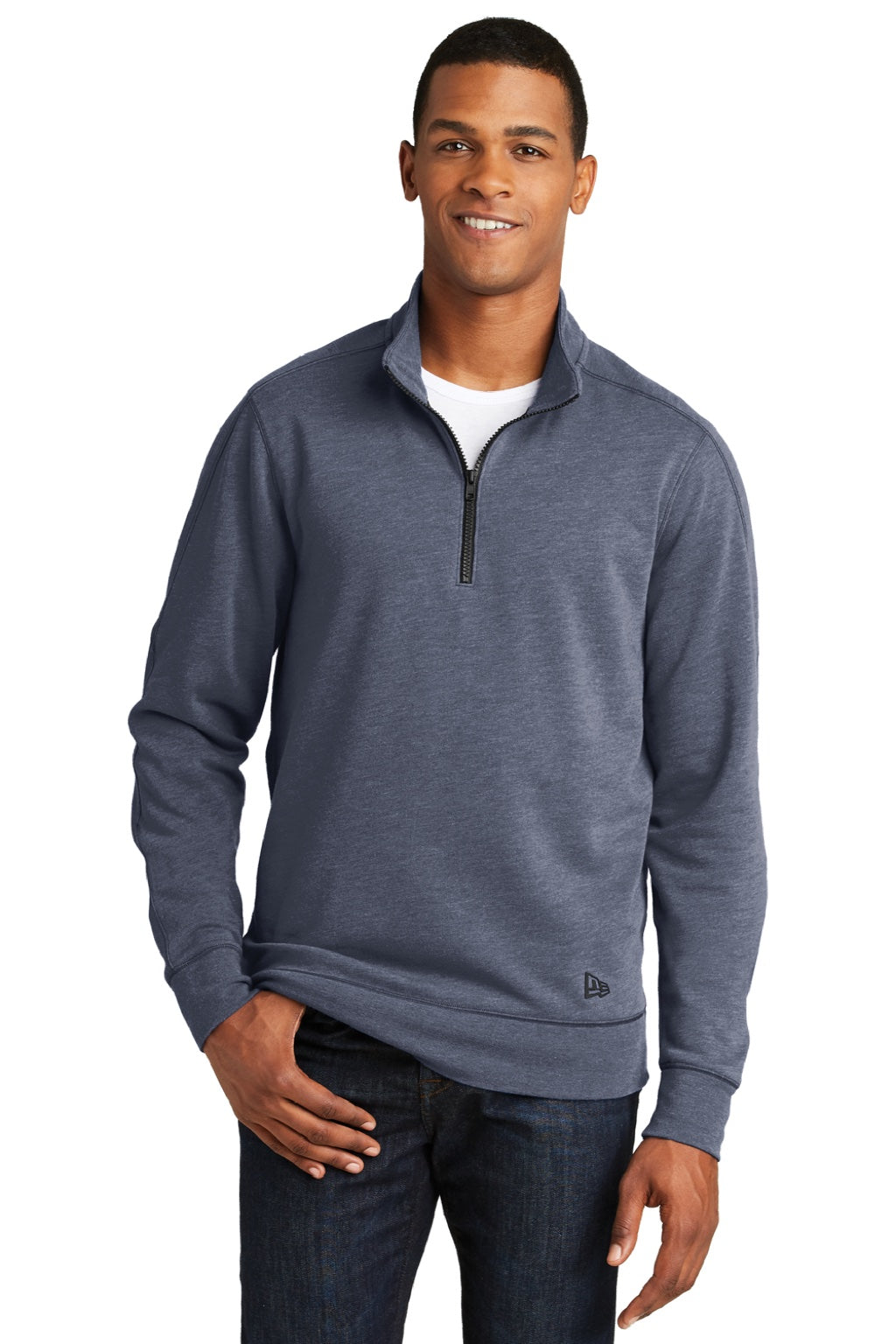New Era NEA512 Mens Fleece 1/4 Zip Sweatshirt Heather Navy Blue Model Front