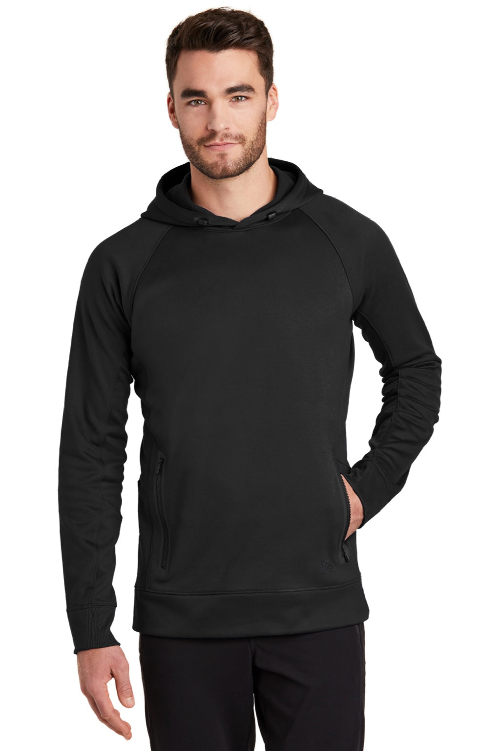 New Era NEA520 Mens Venue Fleece Moisture Wicking Hooded Sweatshirt Hoodie w/ Pockets Black Model Front