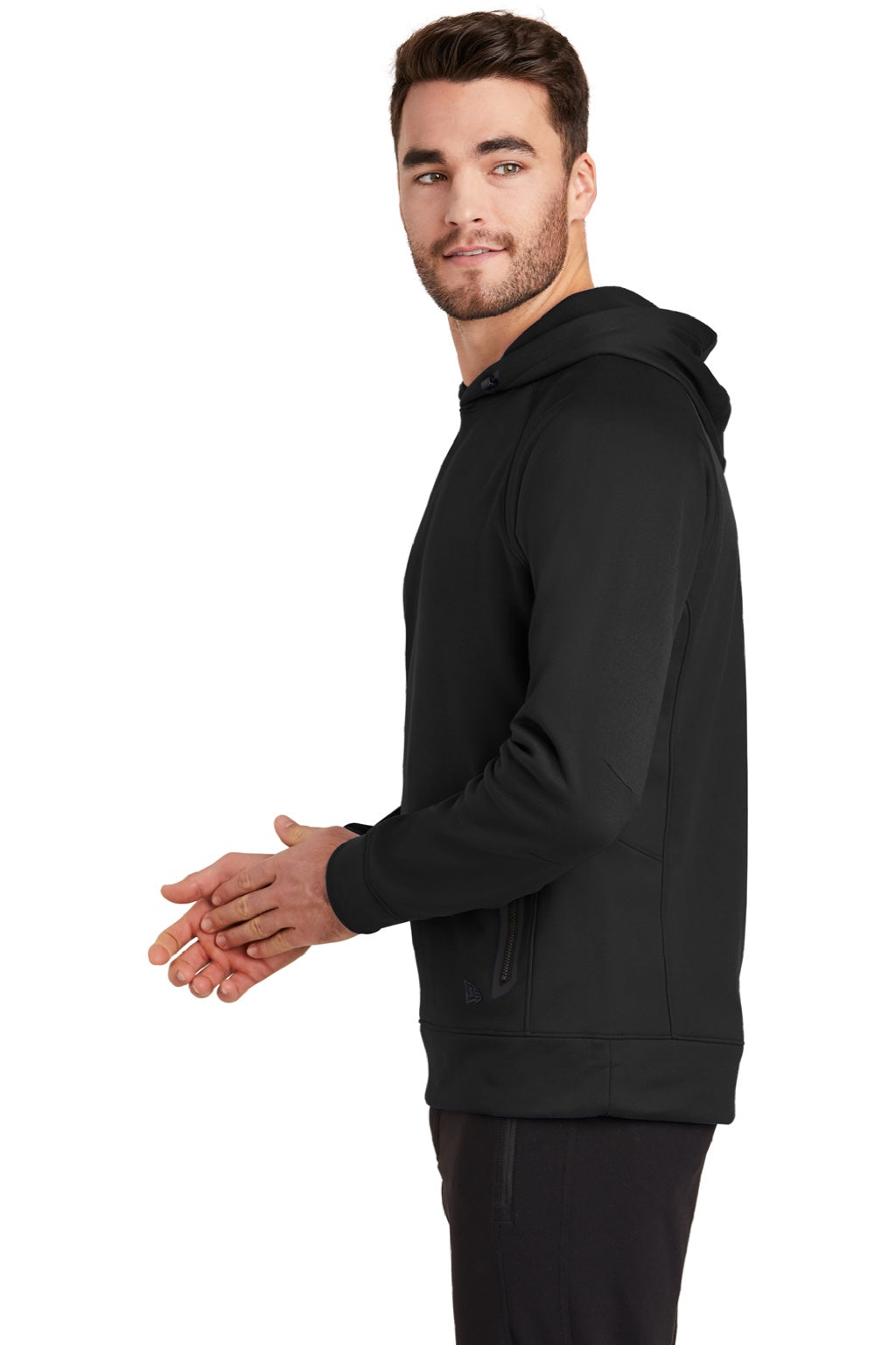 New Era NEA520 Mens Venue Fleece Moisture Wicking Hooded Sweatshirt Hoodie w/ Pockets Black Model Side