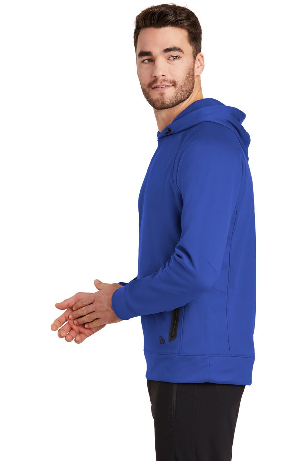 New Era NEA520 Mens Venue Fleece Moisture Wicking Hooded Sweatshirt Hoodie w/ Pockets Royal Blue Model Side