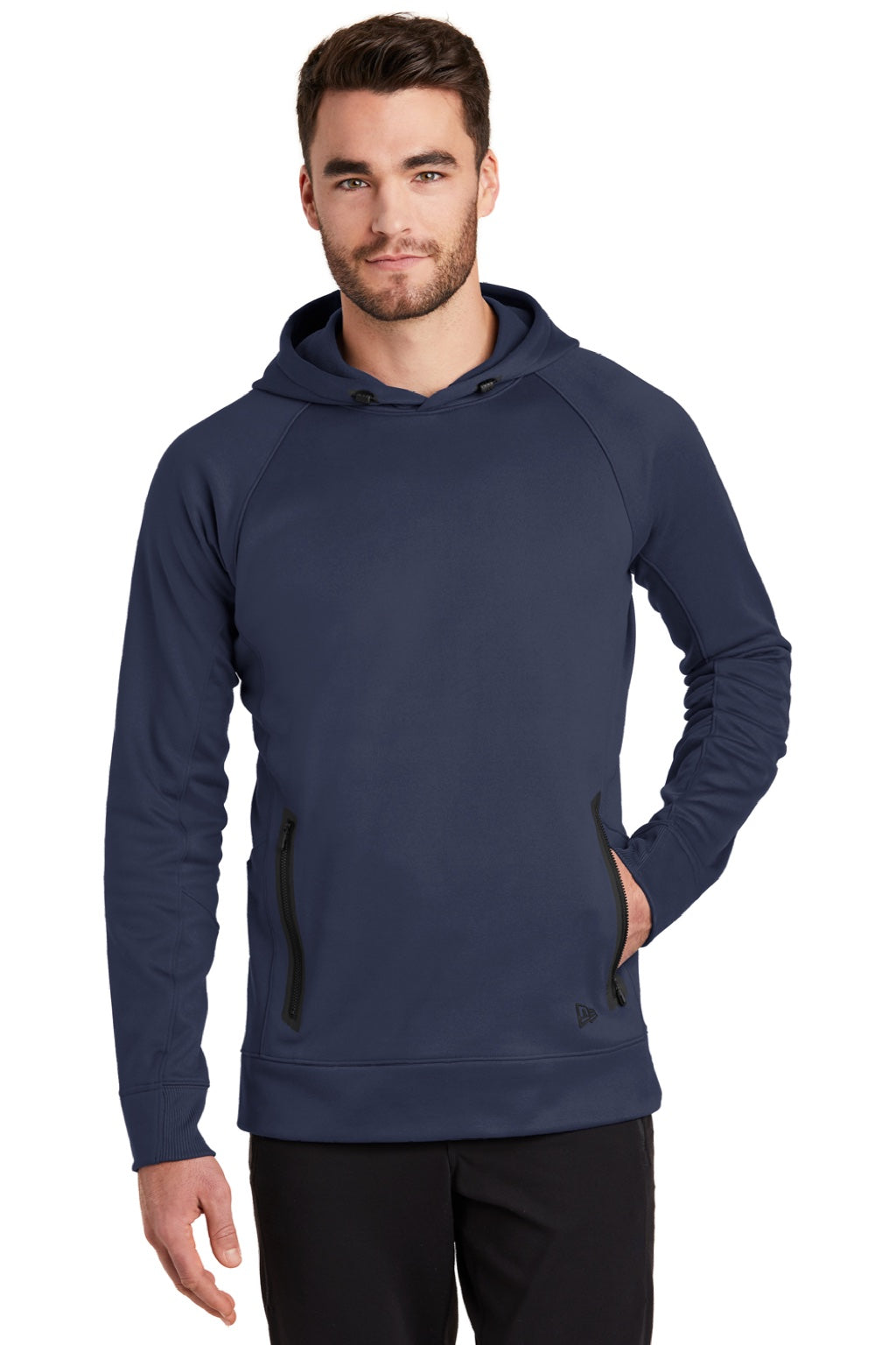 New Era NEA520 Mens Venue Fleece Moisture Wicking Hooded Sweatshirt Hoodie w/ Pockets Navy Blue Model Front