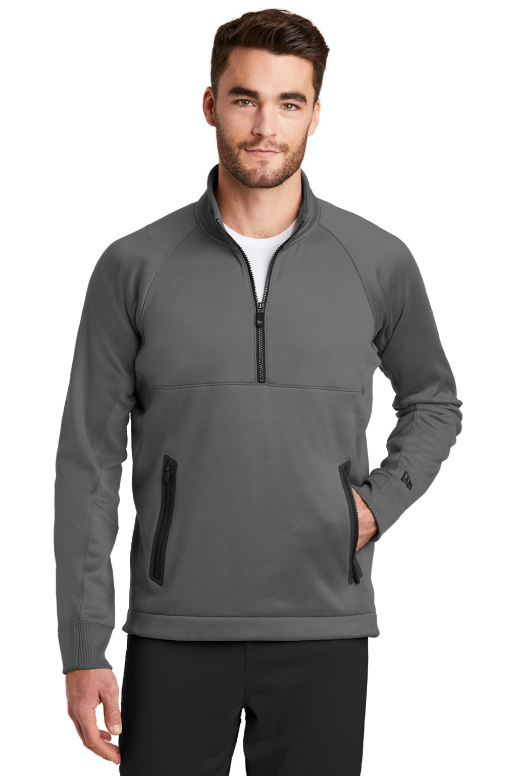 New Era NEA523 Mens Venue Moisture Wicking Fleece 1/4 Zip Sweatshirt w/ Pockets Graphite Grey Model Front