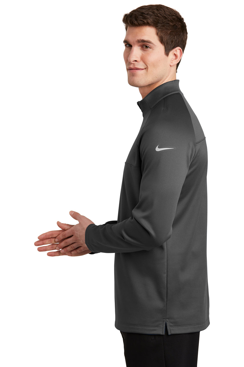 Nike NKAH6254 Mens Therma-Fit Moisture Wicking Fleece 1/4 Zip Sweatshirt Anthracite Grey Model Side