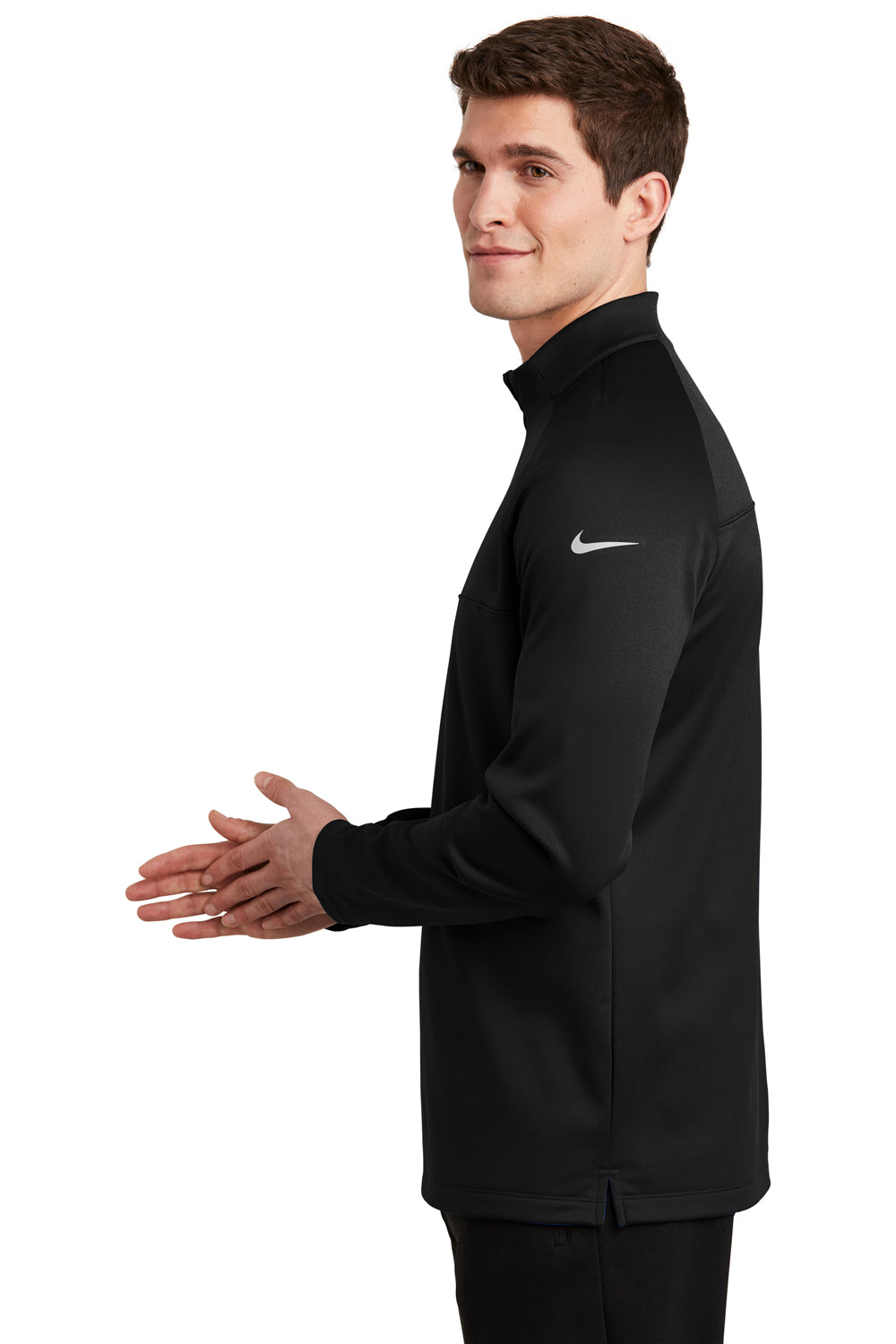 Nike NKAH6254 Mens Therma-Fit Moisture Wicking Fleece 1/4 Zip Sweatshirt Black Model Side