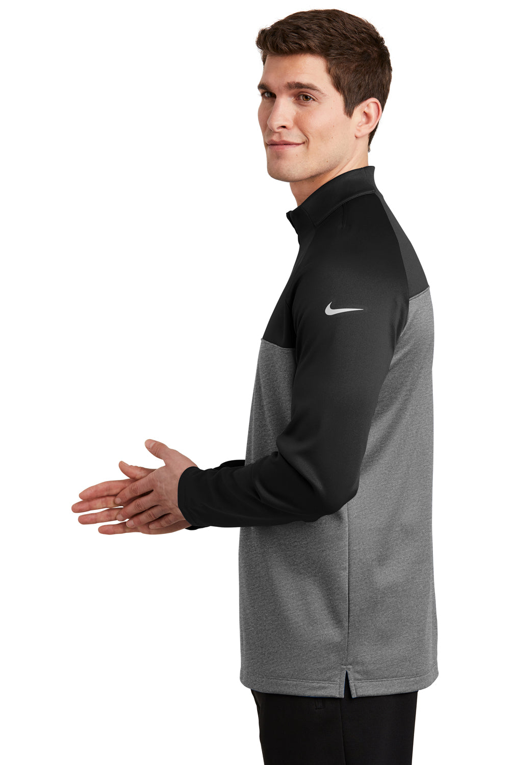 Nike NKAH6254 Mens Therma-Fit Moisture Wicking Fleece 1/4 Zip Sweatshirt Black/Heather Grey Model Side