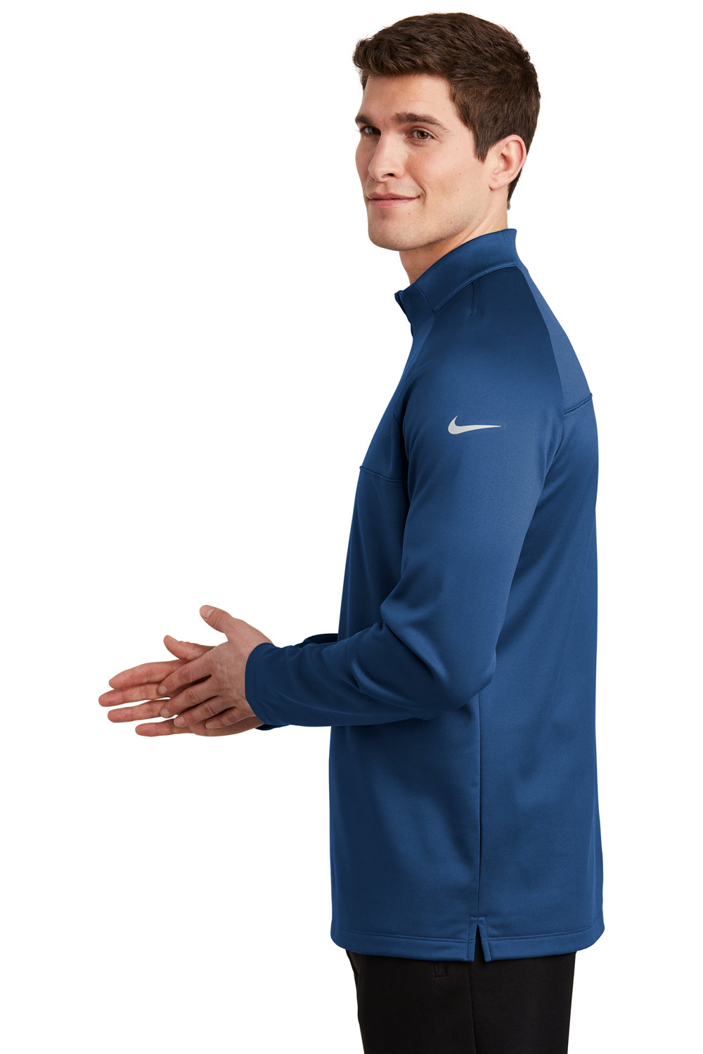 Nike NKAH6254 Mens Therma-Fit Moisture Wicking Fleece 1/4 Zip Sweatshirt Gym Blue Model Side
