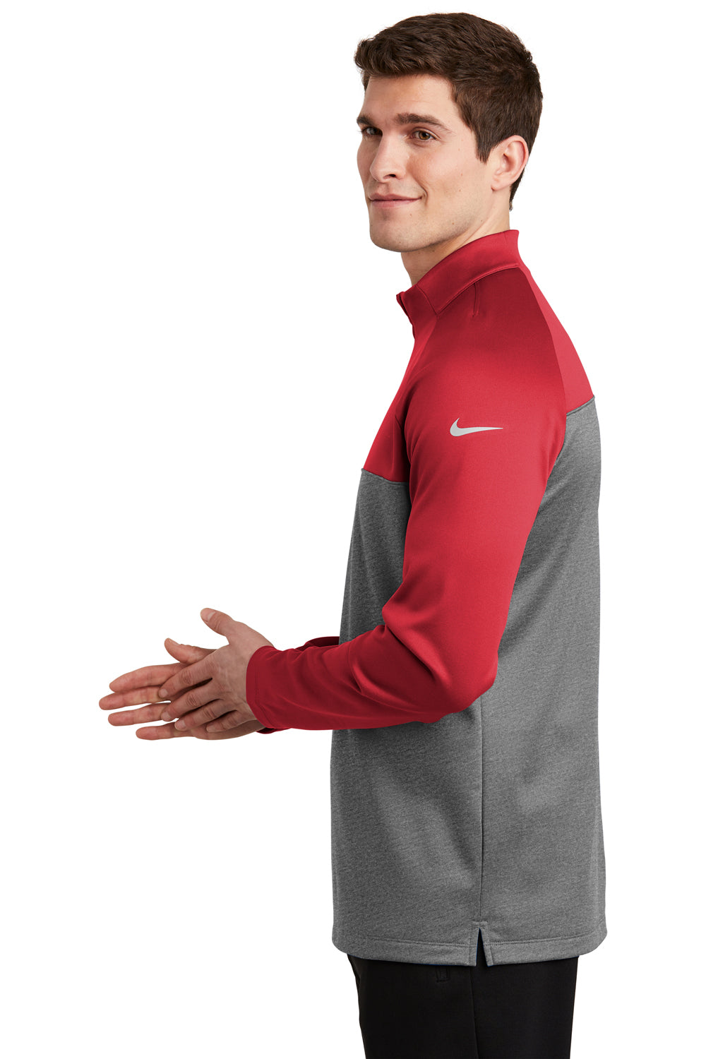 Nike NKAH6254 Mens Therma-Fit Moisture Wicking Fleece 1/4 Zip Sweatshirt Gym Red/Heather Grey Model Side